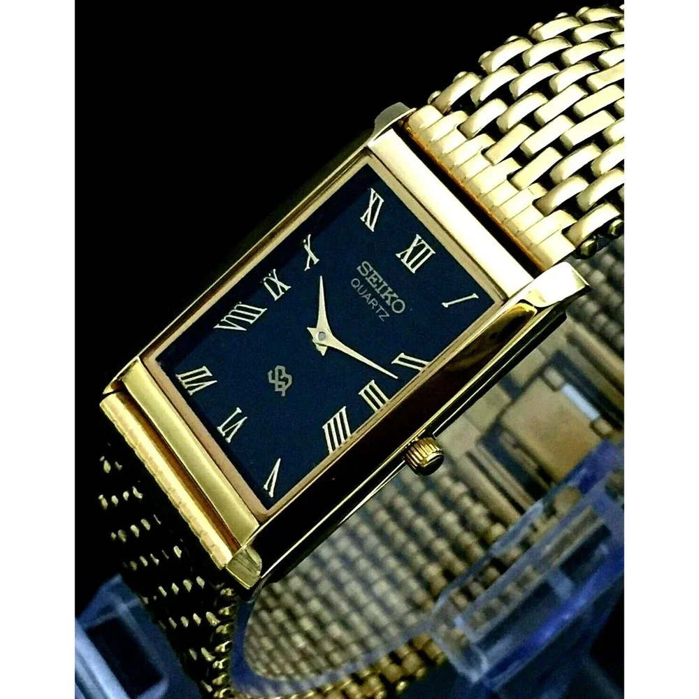 RARE Seiko SQ Tank Mens‎ Watch Gorgeous Black Dial Italian Milanese